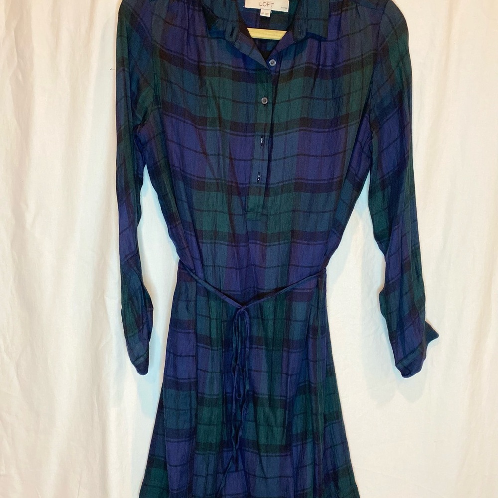 LOFT Petite Plaid Long Sleeve Dress - Blue and Green